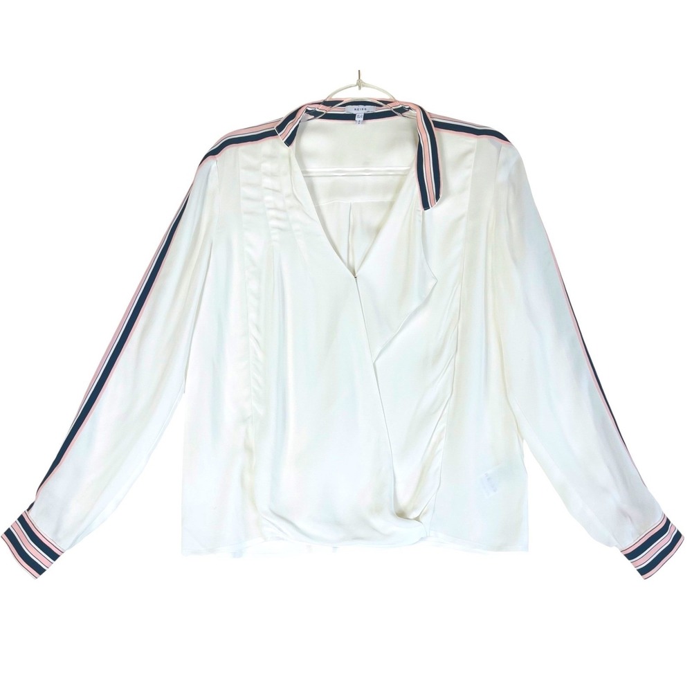 Reiss Calla White Draped V-Neck Blouse Women Size 0 Striped Trim Long Sleeve